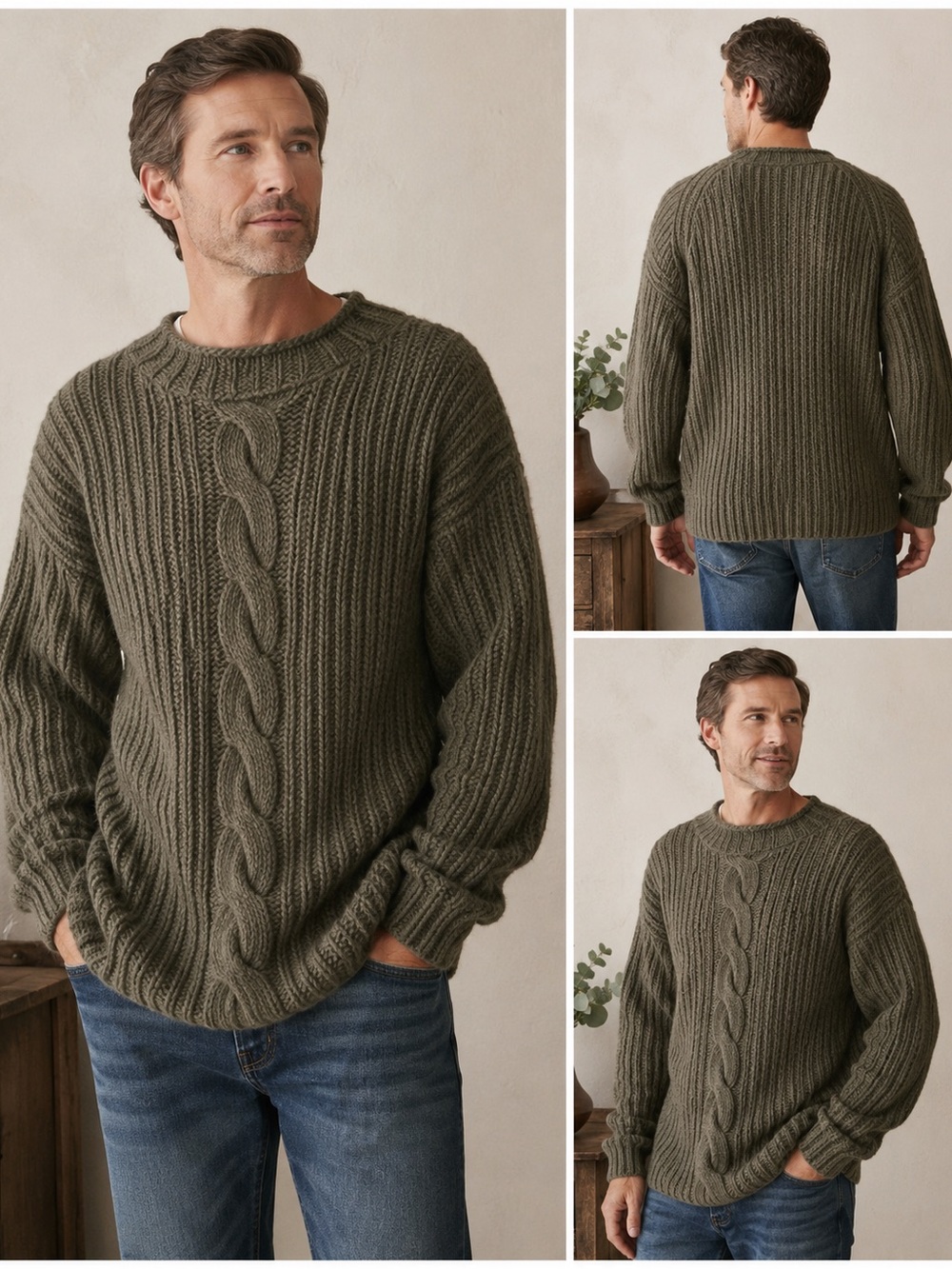 Timberland Olive Green Cable Knit Crewneck Sweater